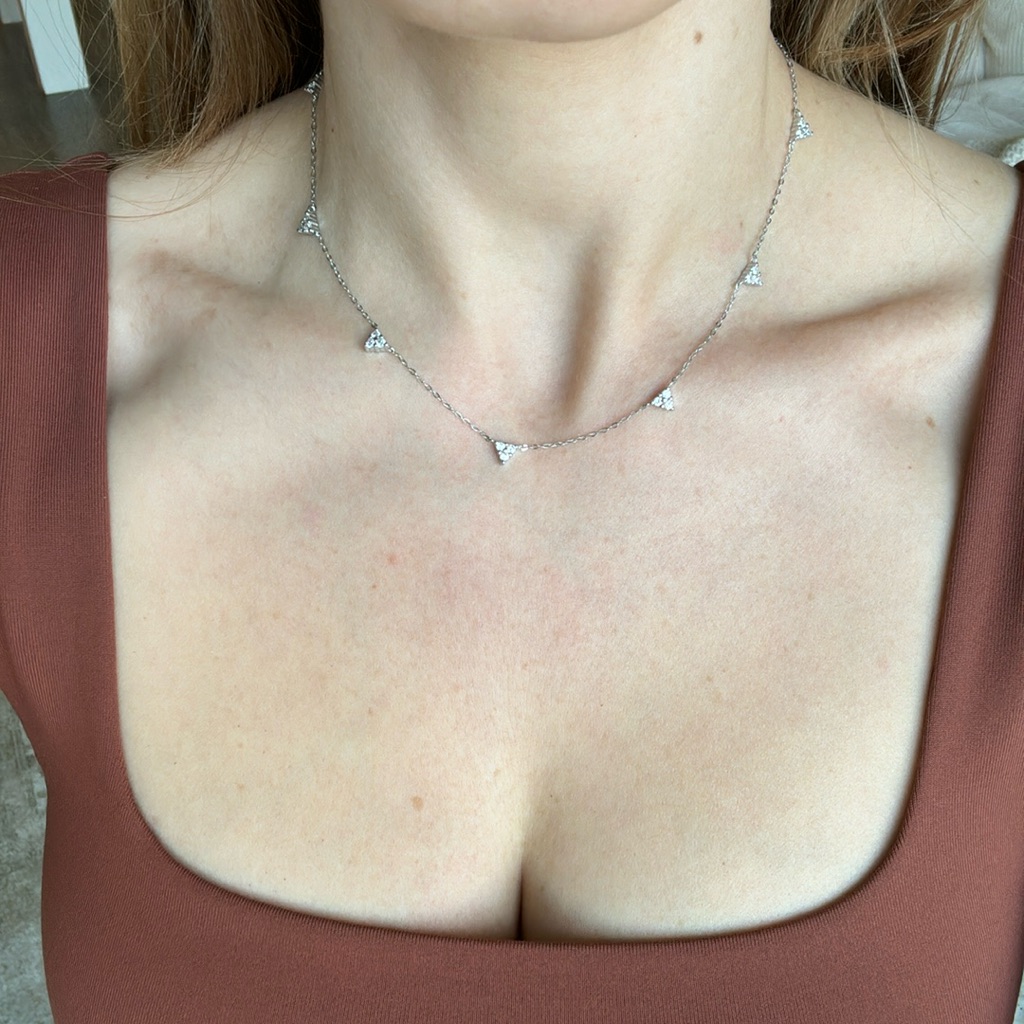 Sterling Silver Dainty Necklace Cz Pendant Stones Triangle